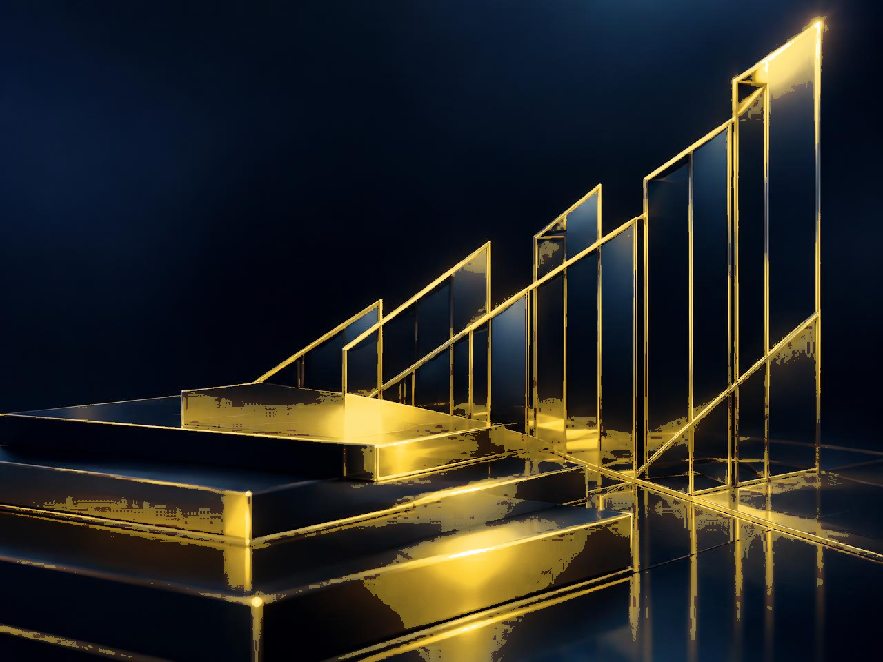 Abstract visual of glowing navy and gold geometry representing financial strategy and business growth